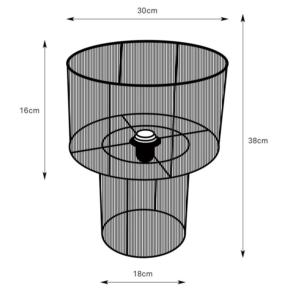 Schemat lampy stołowej z wymiarami: wysokość 38 cm, średnica górnej części 30 cm, średnica dolnej części 18 cm, wysokość górnej części 16 cm.