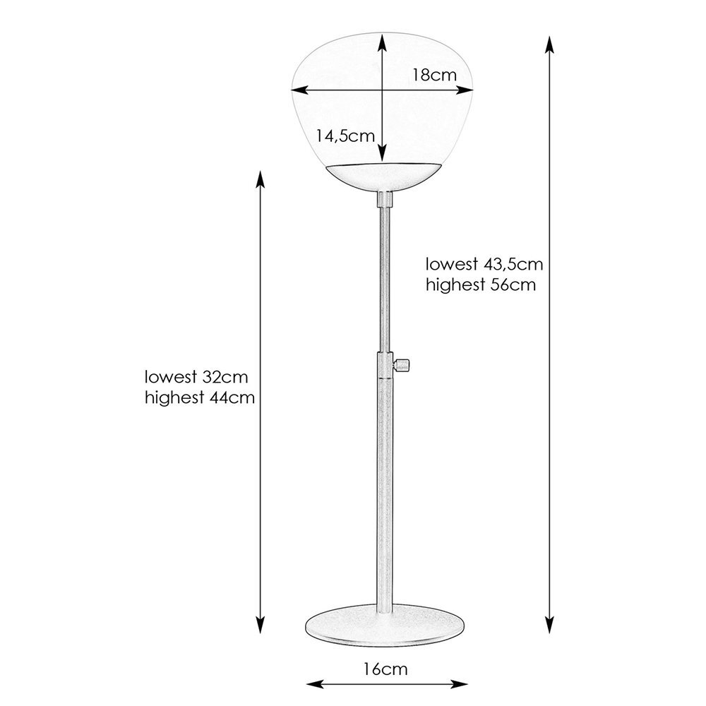 Ilustracja przedstawia lampę stołową z wymiarami: średnica klosza 14,5 cm, wysokość klosza 18 cm, średnica podstawy 16 cm, wysokość regulowana od 32 cm do 44 cm oraz od 43,5 cm do 56 cm.
