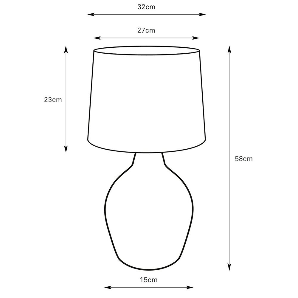 Schematyczny rysunek lampy stołowej z wymiarami: wysokość 58 cm, szerokość klosza 32 cm, szerokość podstawy 15 cm, wysokość klosza 23 cm, średnica klosza 27 cm.