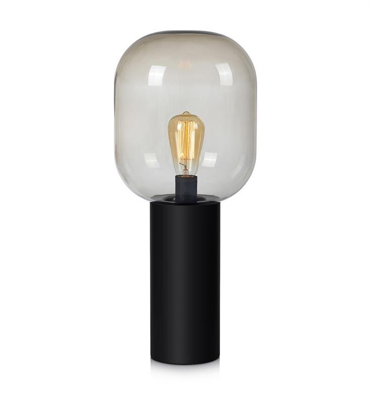 Lampa stołowa z przezroczystym kloszem w kształcie kuli i czarną podstawą cylindryczną, z widoczną żarówką wewnątrz.