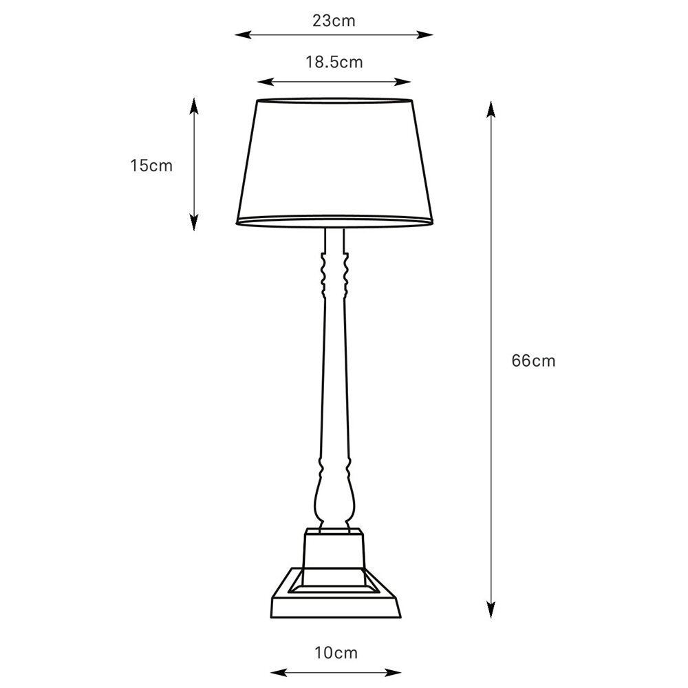 Schematyczny rysunek lampy stołowej z wymiarami: wysokość 66 cm, szerokość klosza 23 cm, szerokość podstawy 10 cm, wysokość klosza 15 cm, szerokość wewnętrzna klosza 18.5 cm.