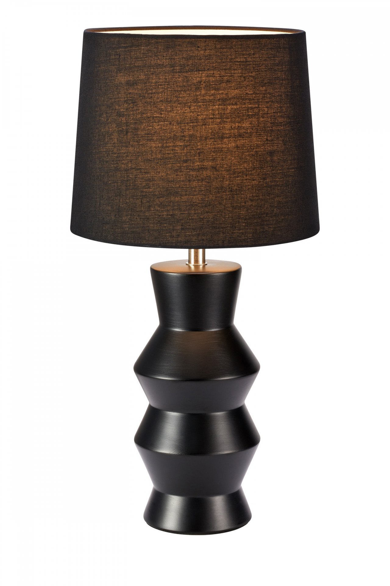 Czarna lampa stołowa z geometryczną podstawą i ciemnym abażurem. Lampa ma elegancki, nowoczesny wygląd.