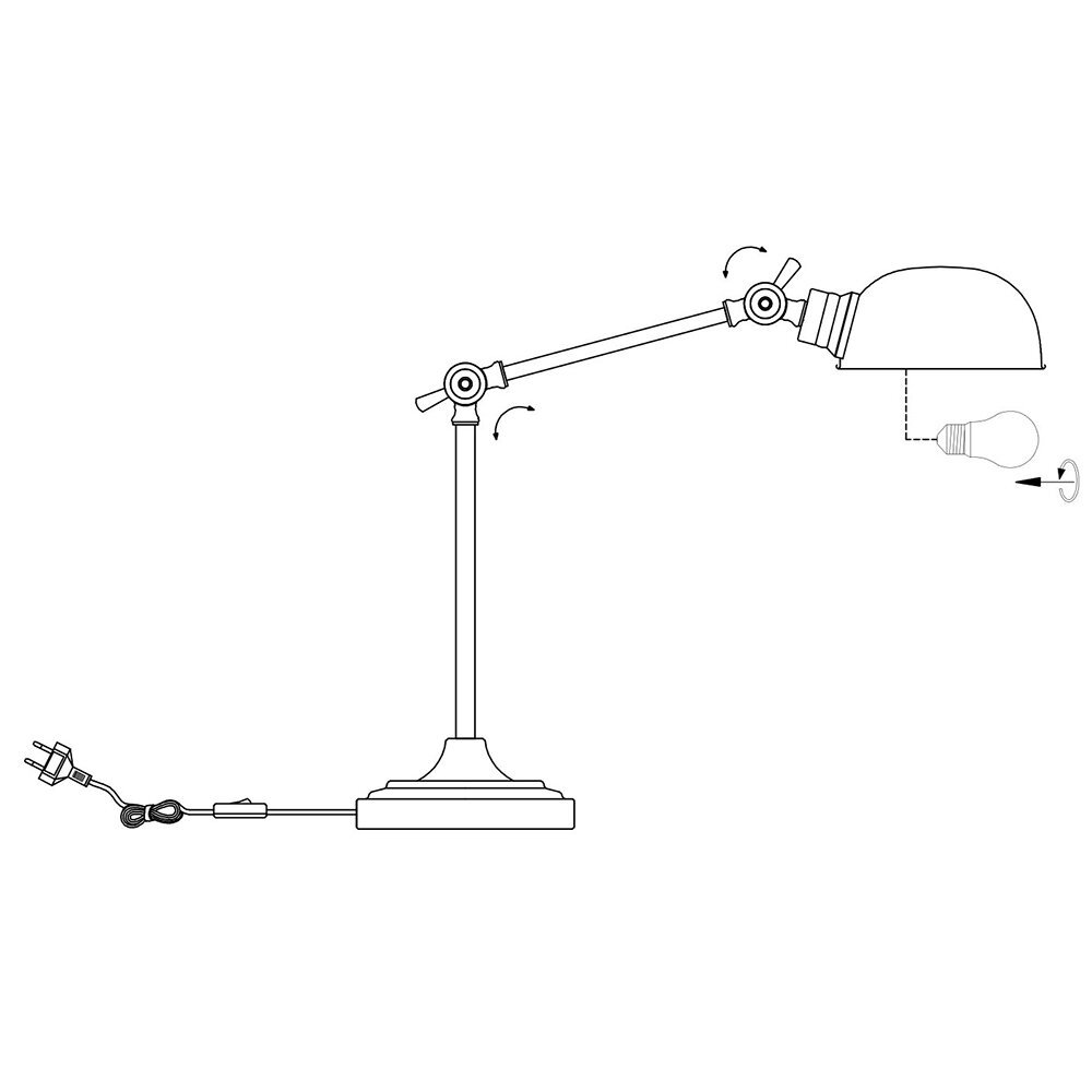Ilustracja przedstawia schemat lampy biurkowej na wysięgniku z możliwością regulacji, z widocznym kablem z wtyczką oraz miejscem na żarówkę.