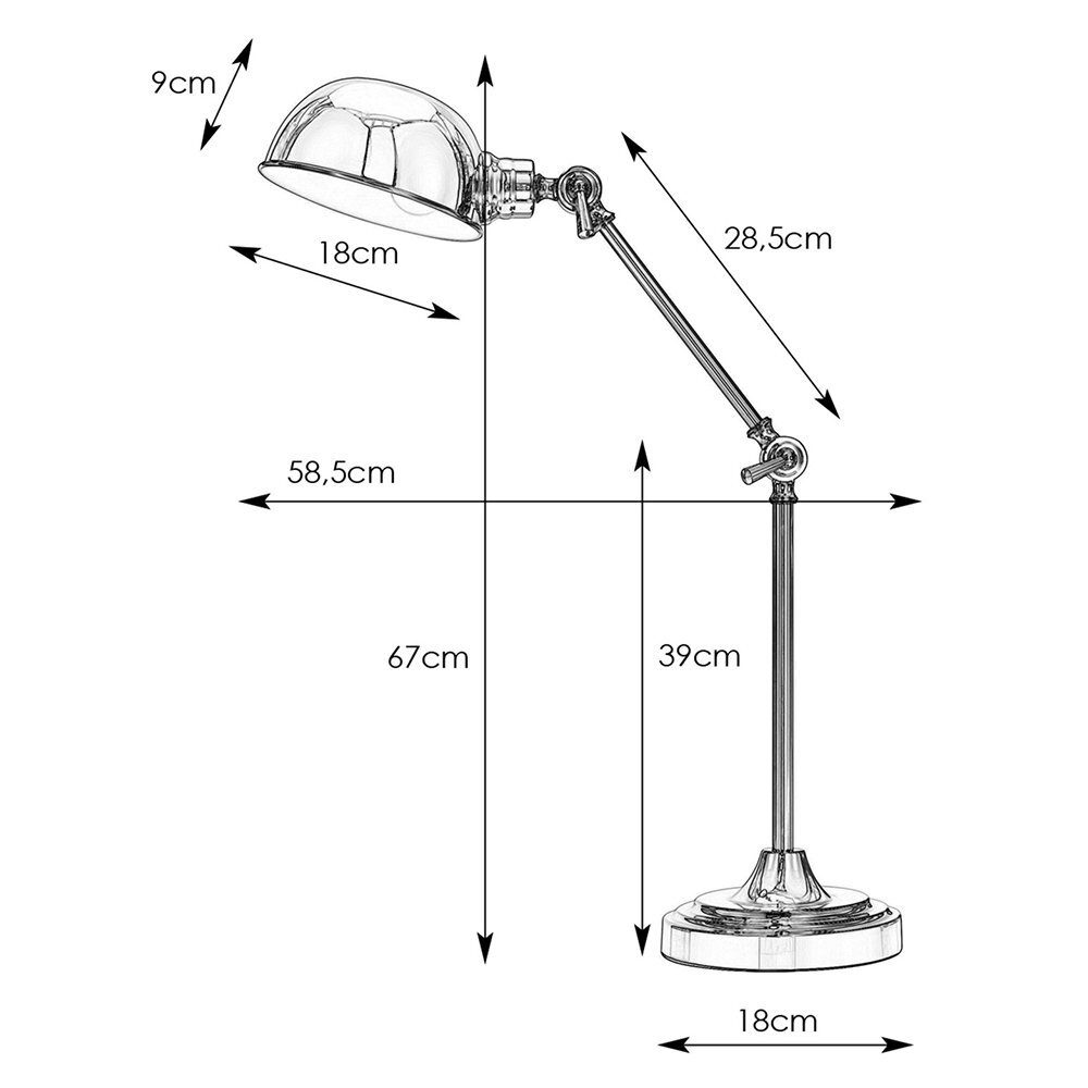 Schemat lampy biurkowej na wysięgniku z wymiarami: klosz 9 cm wysokości i 18 cm szerokości, ramię 28,5 cm, całkowita wysokość 67 cm, podstawa 18 cm średnicy.