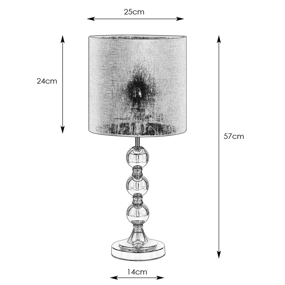 Lampa stołowa z abażurem o wysokości 57 cm, szerokości 25 cm i podstawie o średnicy 14 cm, z przezroczystymi kulistymi elementami na trzonie.