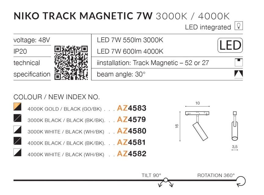 Grafika przedstawia specyfikację reflektora szynowego LED 7W Azzardo NIKO Track Magnetic AZ4580, z informacjami o napięciu 48V, IP20, kącie wiązki 30°, oraz dostępnych kolorach i indeksach. Widoczne są również schematy montażu i QR kod.