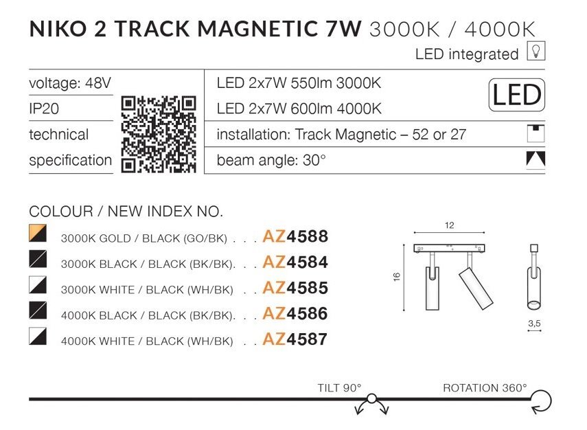 Grafika przedstawia specyfikację lampy szynowej LED \'NIKO 2 TRACK MAGNETIC 7W 3000K / 4000K\' z informacjami o napięciu, kącie wiązki, kolorach i numerach indeksów, oraz schematem montażu.