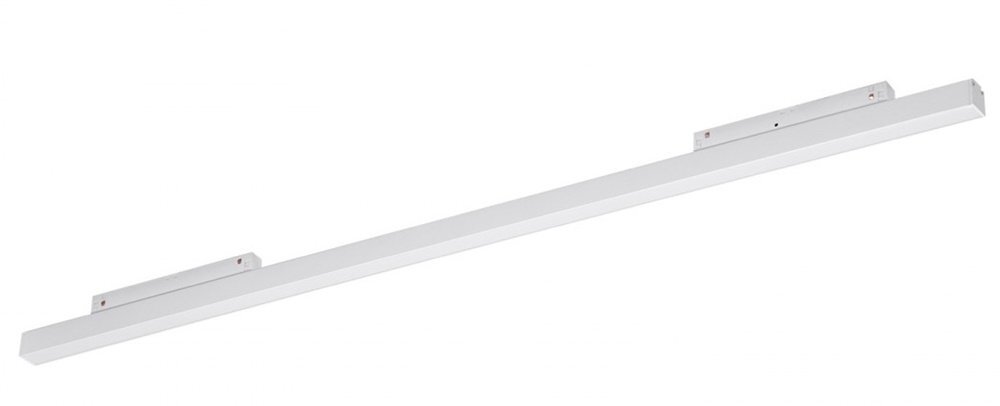 Biała, prostokątna lampa szynowa LED o minimalistycznym designie, przeznaczona do montażu na szynie magnetycznej.