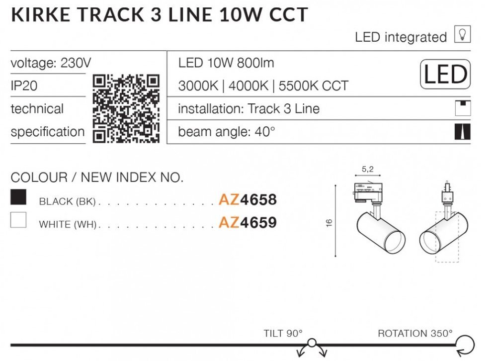 Obraz przedstawia specyfikację reflektora szynowego LED 10W z oznaczeniami technicznymi, w tym napięcie 230V, IP20, kąt świecenia 40°, oraz indeksy kolorów AZ4658 i AZ4659. Widoczne są również schematy montażowe i informacje o temperaturze barwowej 3000K, 4000K, 5500K CCT.