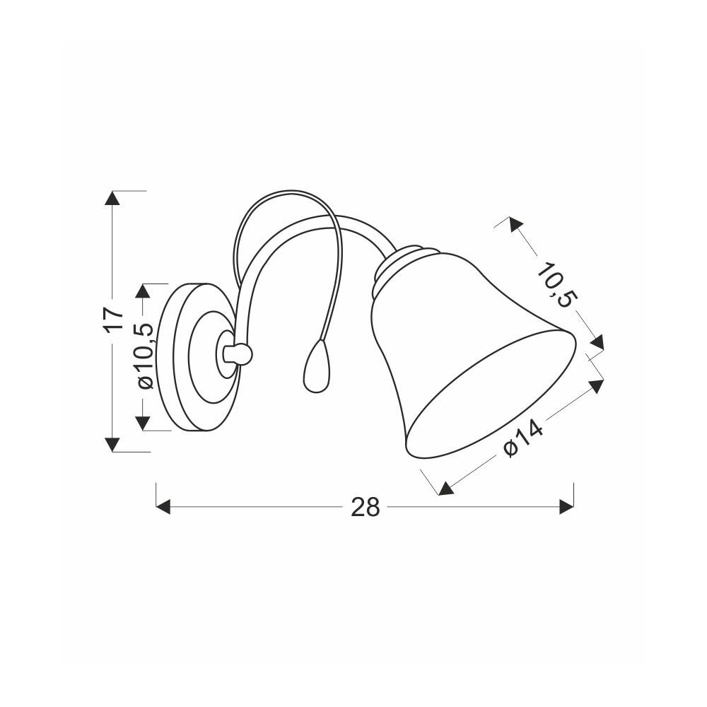 Schematyczny rysunek kinkietu ściennego z wymiarami: wysokość 17 cm, średnica podstawy 10,5 cm, długość 28 cm, średnica klosza 14 cm. Widoczne są strzałki wskazujące wymiary poszczególnych elementów.