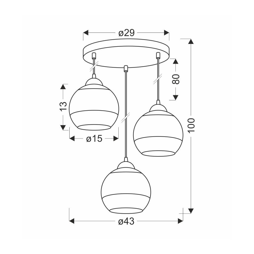 Schemat lampy wiszącej z trzema kulistymi kloszami o różnych średnicach, zawieszonymi na okrągłej podstawie. Wymiary: średnica podstawy 29 cm, średnica kloszy 15 cm i 43 cm, wysokość zawieszenia 80 cm i 100 cm.