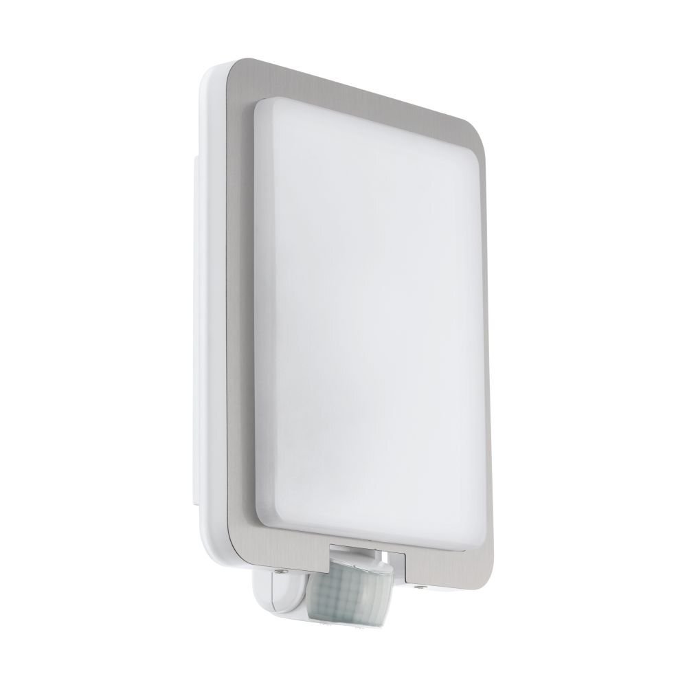 Na obrazie widoczna jest prostokątna lampa ścienna z białym kloszem i metalową ramką. U dołu znajduje się czujnik ruchu.
