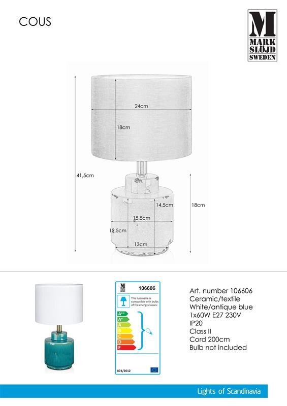Obraz przedstawia lampę stołową z ceramiczną podstawą w kolorze antycznego błękitu i tekstylnym abażurem. Widoczne są wymiary lampy oraz informacje techniczne, takie jak numer artykułu 106606, klasa energetyczna i długość przewodu 200 cm.