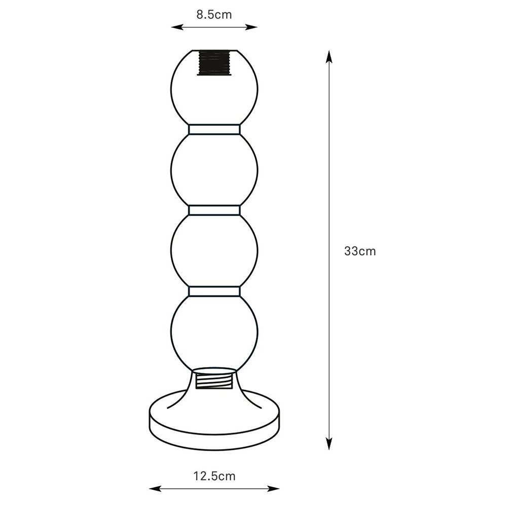 Schemat lampy stołowej z czterema kulistymi segmentami, o wysokości 33 cm, średnicy podstawy 12,5 cm i średnicy górnej części 8,5 cm.