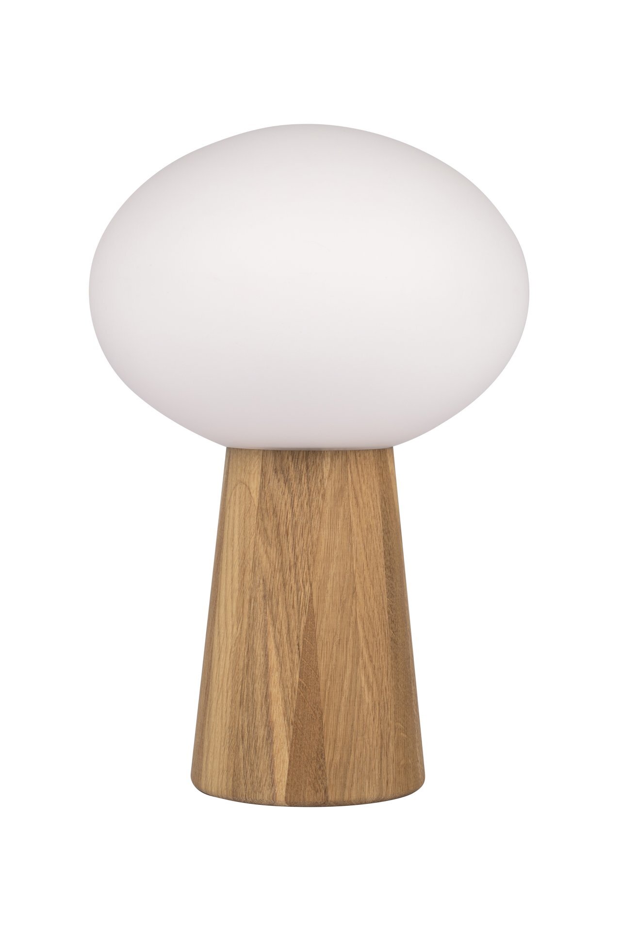 Lampa stołowa PATER 108409 Markslojd z białym, kulistym kloszem i drewnianą podstawą na białym tle.