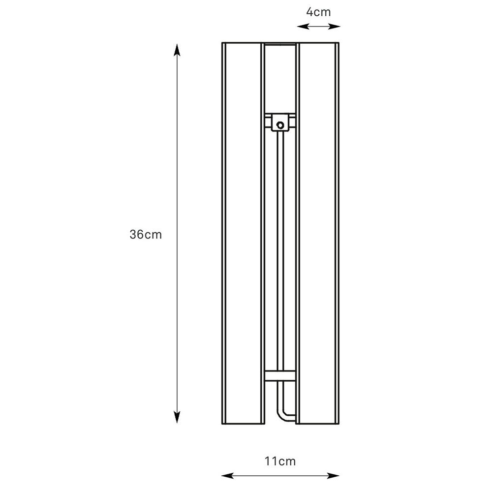 Schematyczny rysunek lampy z wymiarami: wysokość 36 cm, szerokość 11 cm, głębokość 4 cm.