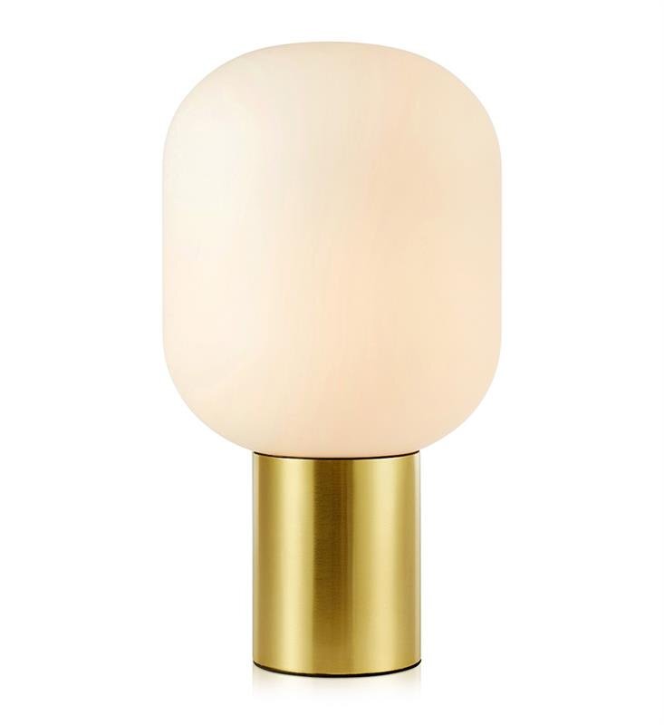 Lampa stołowa z białym, zaokrąglonym kloszem i złotą, cylindryczną podstawą.