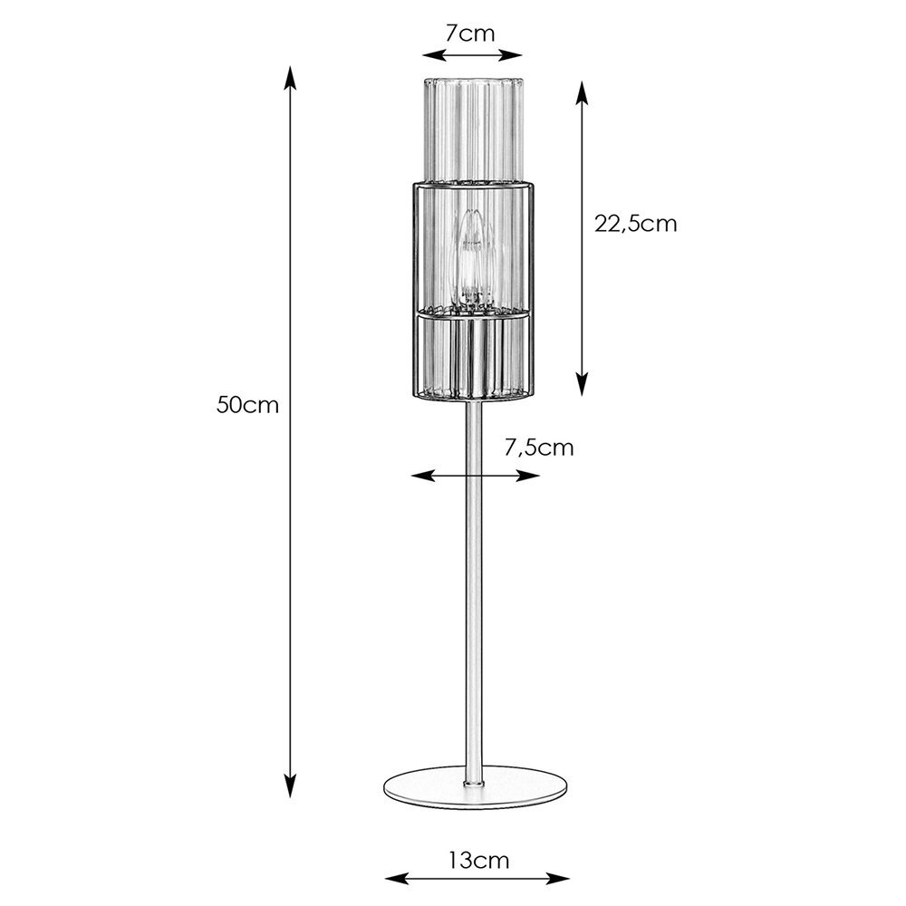 Schemat lampy stołowej z wymiarami: wysokość 50 cm, średnica podstawy 13 cm, średnica klosza 7 cm, wysokość klosza 22,5 cm, szerokość podstawy 7,5 cm.
