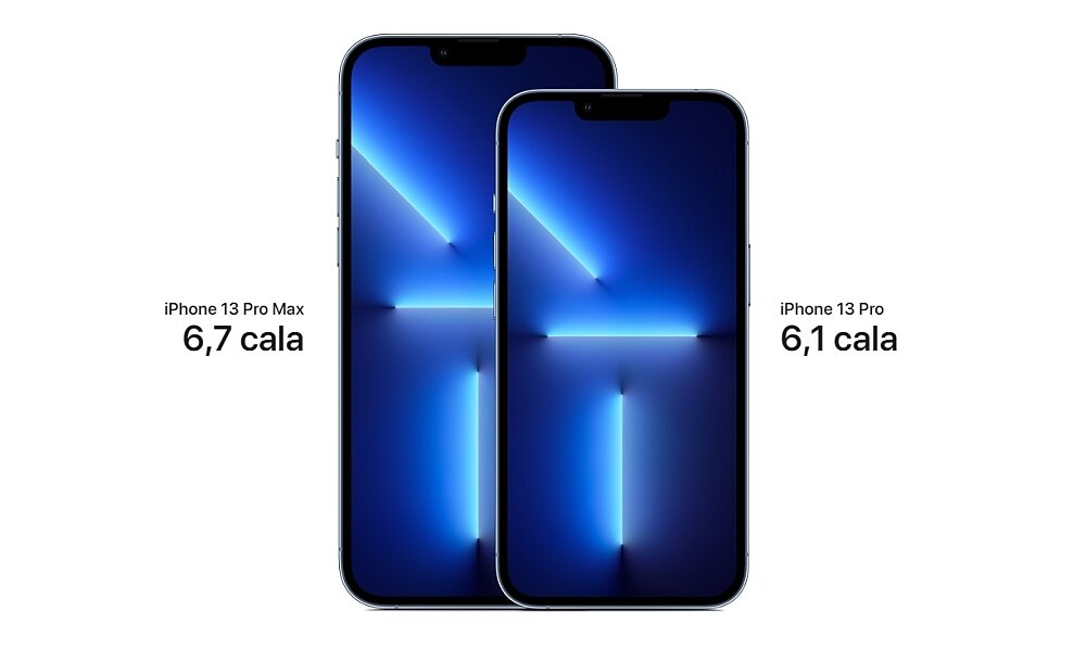 Dwa smartfony z wyświetlaczami pokazującymi niebieski wzór. Obok nich widnieją napisy: \'iPhone 13 Pro Max 6,7 cala\' oraz \'iPhone 13 Pro 6,1 cala\'.