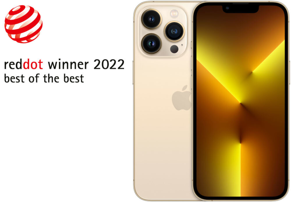 Na obrazie widoczny jest smartfon z trzema aparatami z tyłu oraz ekranem wyświetlającym abstrakcyjny wzór w odcieniach żółci. Obok znajduje się tekst: \'reddot winner 2022 best of the best\'.
