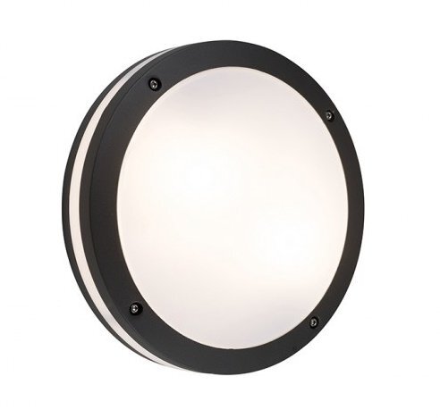 Zewnętrzna lampa sufitowa o okrągłym kształcie z czarną obudową i białym kloszem.