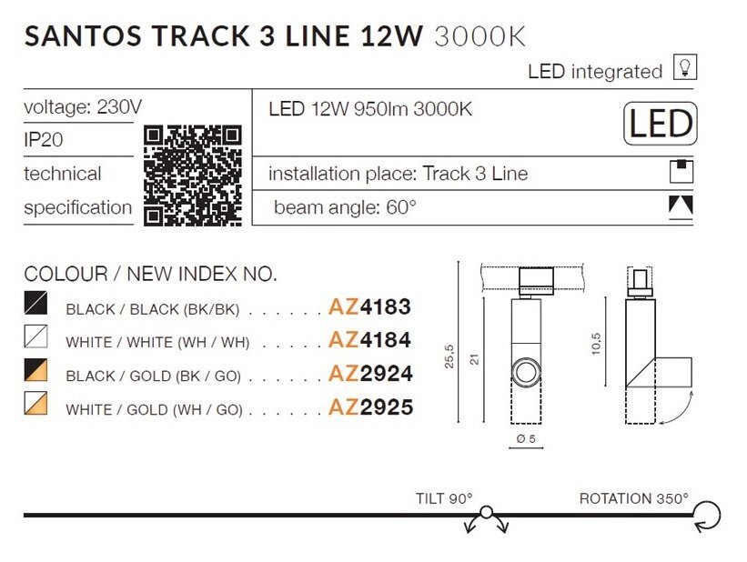 Obraz przedstawia specyfikację reflektora szynowego LED SANTOS TRACK 3 LINE 12W 3000K. Zawiera informacje o napięciu 230V, kącie wiązki 60°, oraz dostępnych kolorach i numerach indeksów: AZ4183, AZ4184, AZ2924, AZ2925.