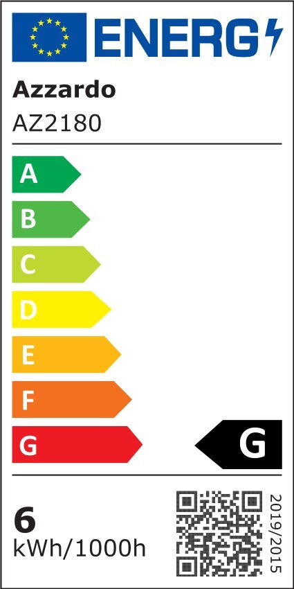 Etykieta energetyczna z logo UE i napisem \'ENERG\', oznaczeniem \'Azzardo AZ4339\', klasą energetyczną \'G\' oraz zużyciem 6 kWh/1000h.