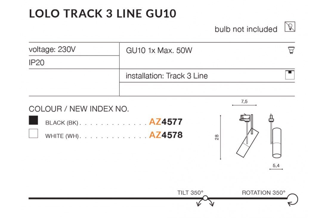 Obraz przedstawia specyfikację reflektora szynowego LOLO TRACK 3 LINE GU10. Zawiera informacje o napięciu 230V, maksymalnej mocy 50W, indeksach kolorów AZ4577 i AZ4578 oraz możliwościach regulacji kąta nachylenia i obrotu.