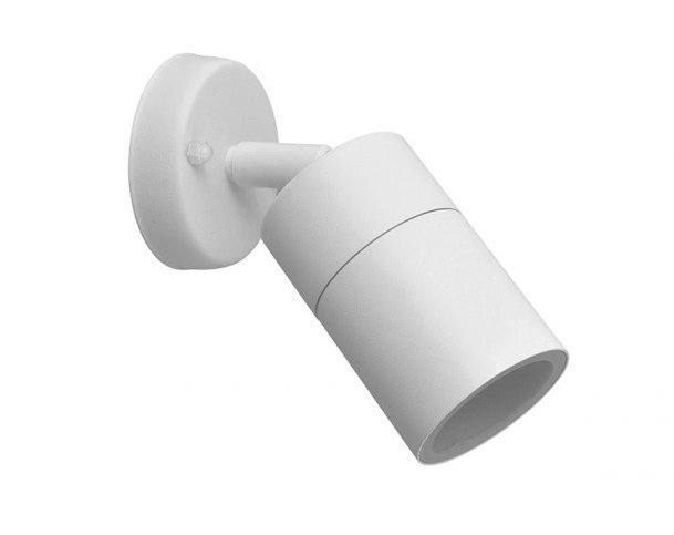 Biały, cylindryczny reflektor zewnętrzny z okrągłą podstawą montażową. Lampa ma prosty, nowoczesny design.