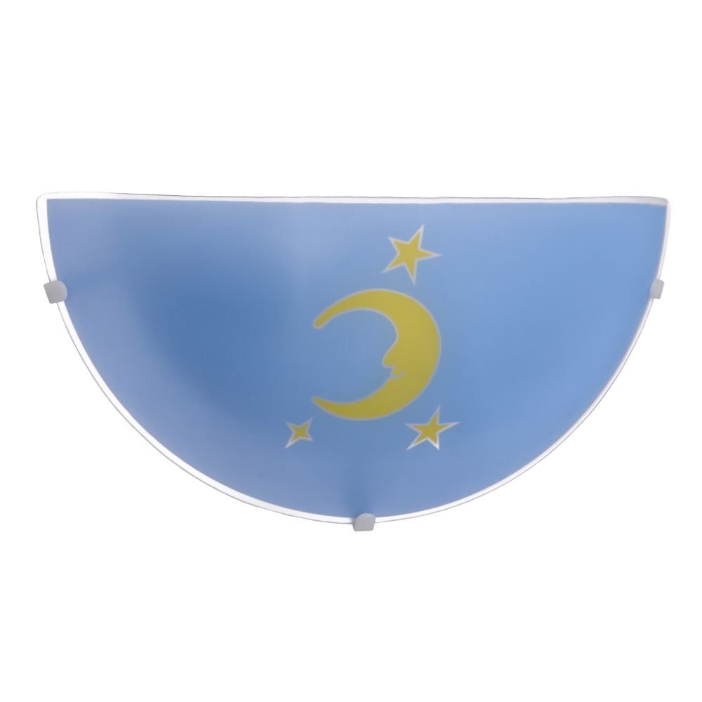 Półokrągła lampa ścienna w kolorze niebieskim z żółtym motywem księżyca i gwiazd. Lampa posiada przezroczyste mocowania na krawędziach.