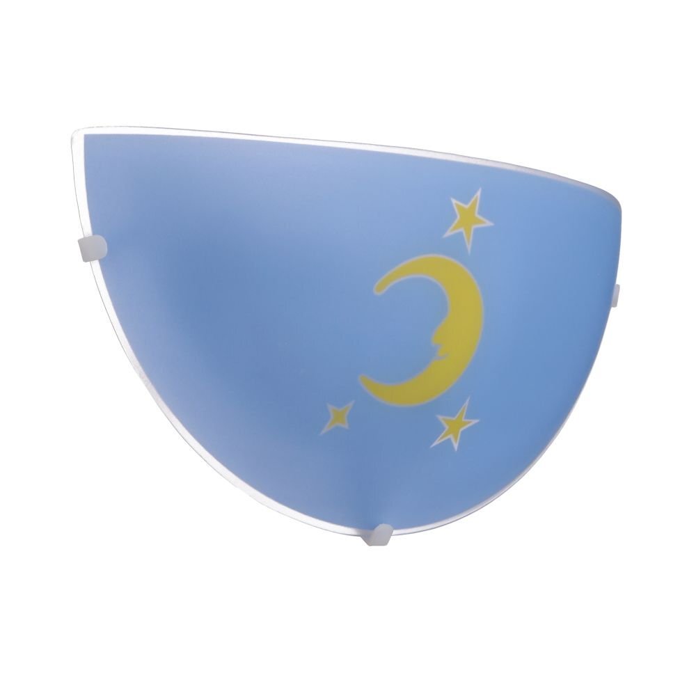 Lampa ścienna w kształcie półkola z niebieskim tłem, ozdobiona żółtym księżycem i gwiazdkami.