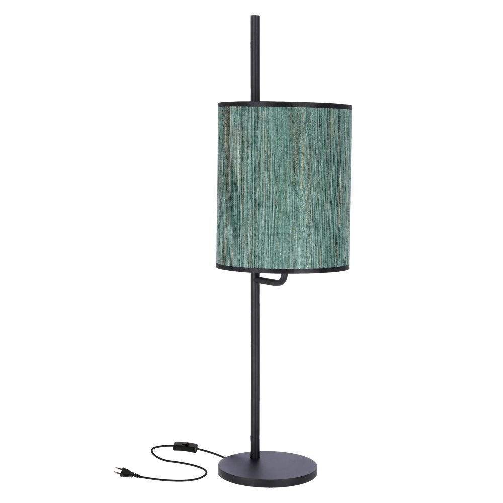 Lampa stołowa z cylindrycznym, zielonym abażurem i czarną podstawą. Obok lampy widoczny jest czarny przewód z wtyczką.