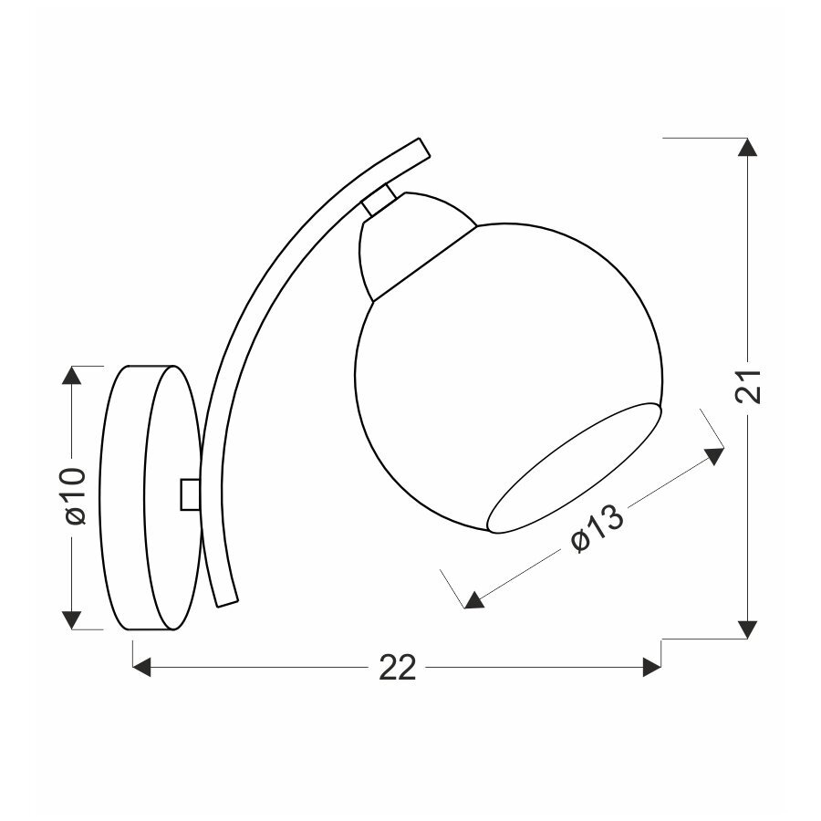 Schematyczny rysunek kinkietu ściennego z wymiarami: wysokość 21 cm, średnica klosza 13 cm, średnica podstawy 10 cm, długość całkowita 22 cm.