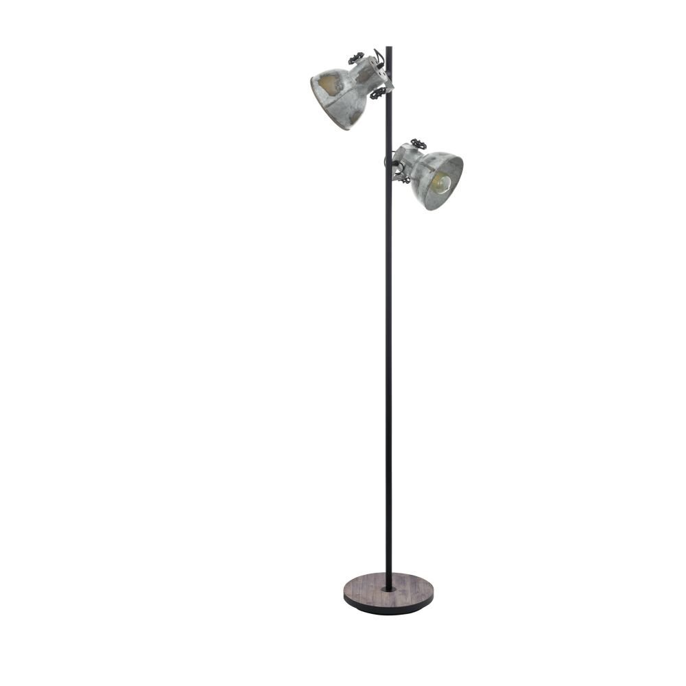 Lampa podłogowa z dwoma metalowymi kloszami w stylu industrialnym, zamontowana na czarnym pionowym stojaku z okrągłą podstawą.