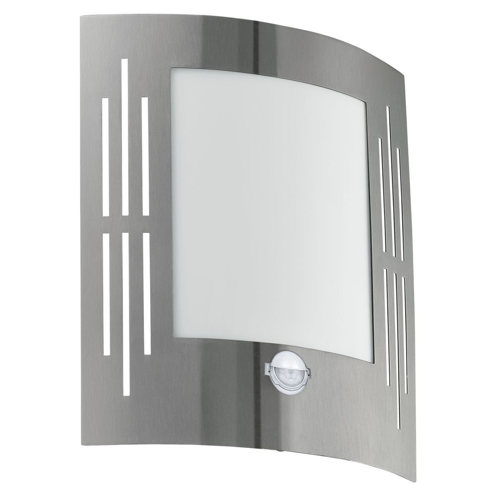 Lampa ścienna natynkowa z czujnikiem ruchu, wykonana z metalu i szkła, o nowoczesnym designie z pionowymi wycięciami po bokach.
