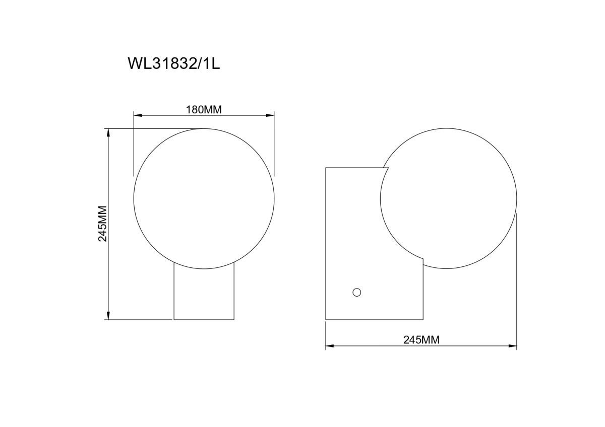Schemat techniczny lampy ściennej z oznaczeniem WL31832/1L, przedstawiający wymiary: 180MM szerokości i 245MM wysokości. Widoczne są dwa widoki lampy: z przodu i z boku.