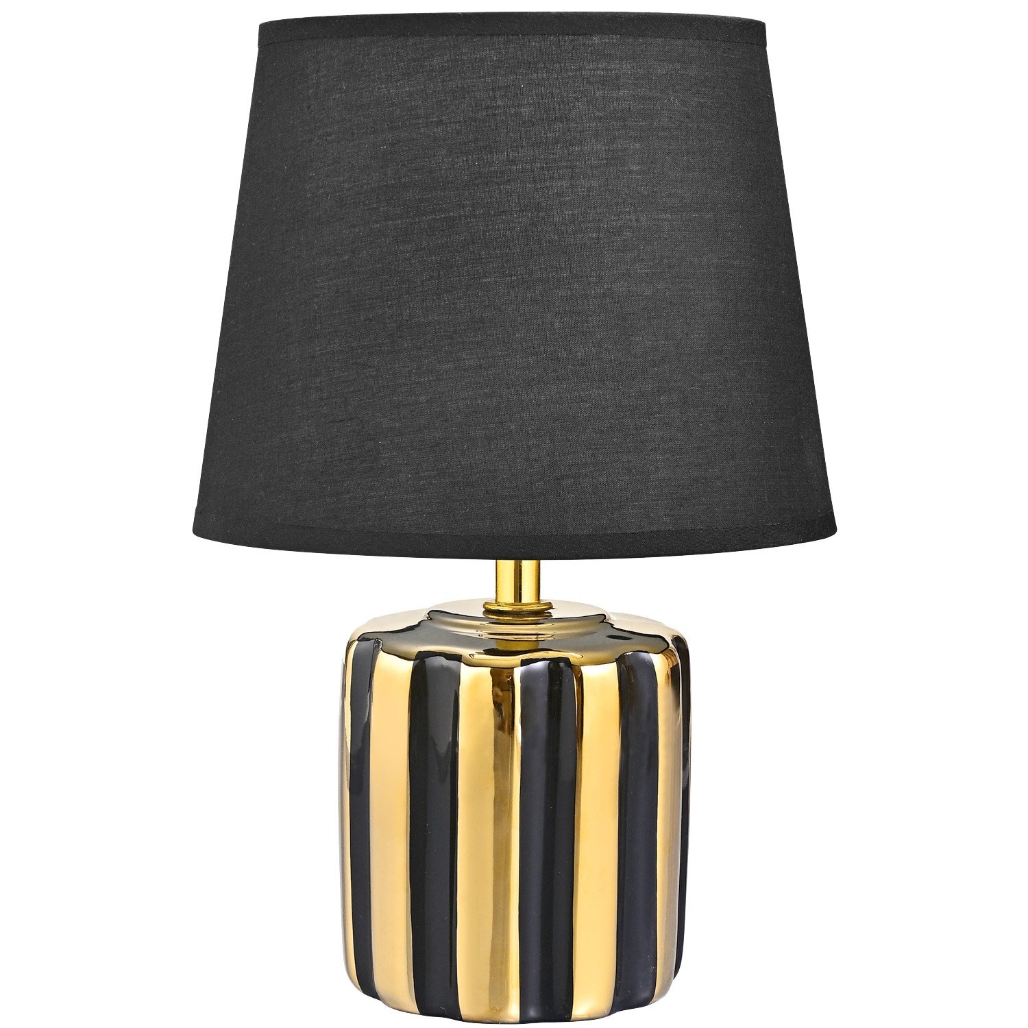 Lampa stołowa z czarnym abażurem i podstawą w pionowe, złoto-czarne pasy. Podstawa ma błyszczące wykończenie.