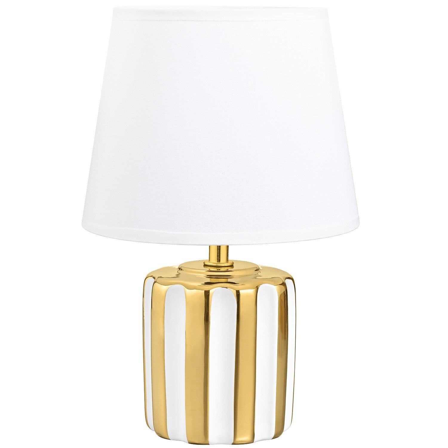 Lampa stołowa z białym abażurem i złotą, żebrowaną podstawą. Elegancki design odpowiedni do salonu lub sypialni.