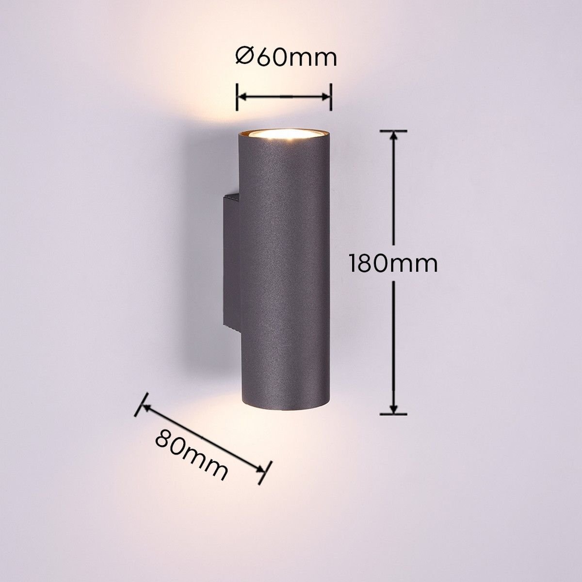 Lampa ścienna Trio VANTOS DL232212400 z widocznymi wymiarami: średnica 60mm, wysokość 180mm, głębokość 80mm, na białym tle.