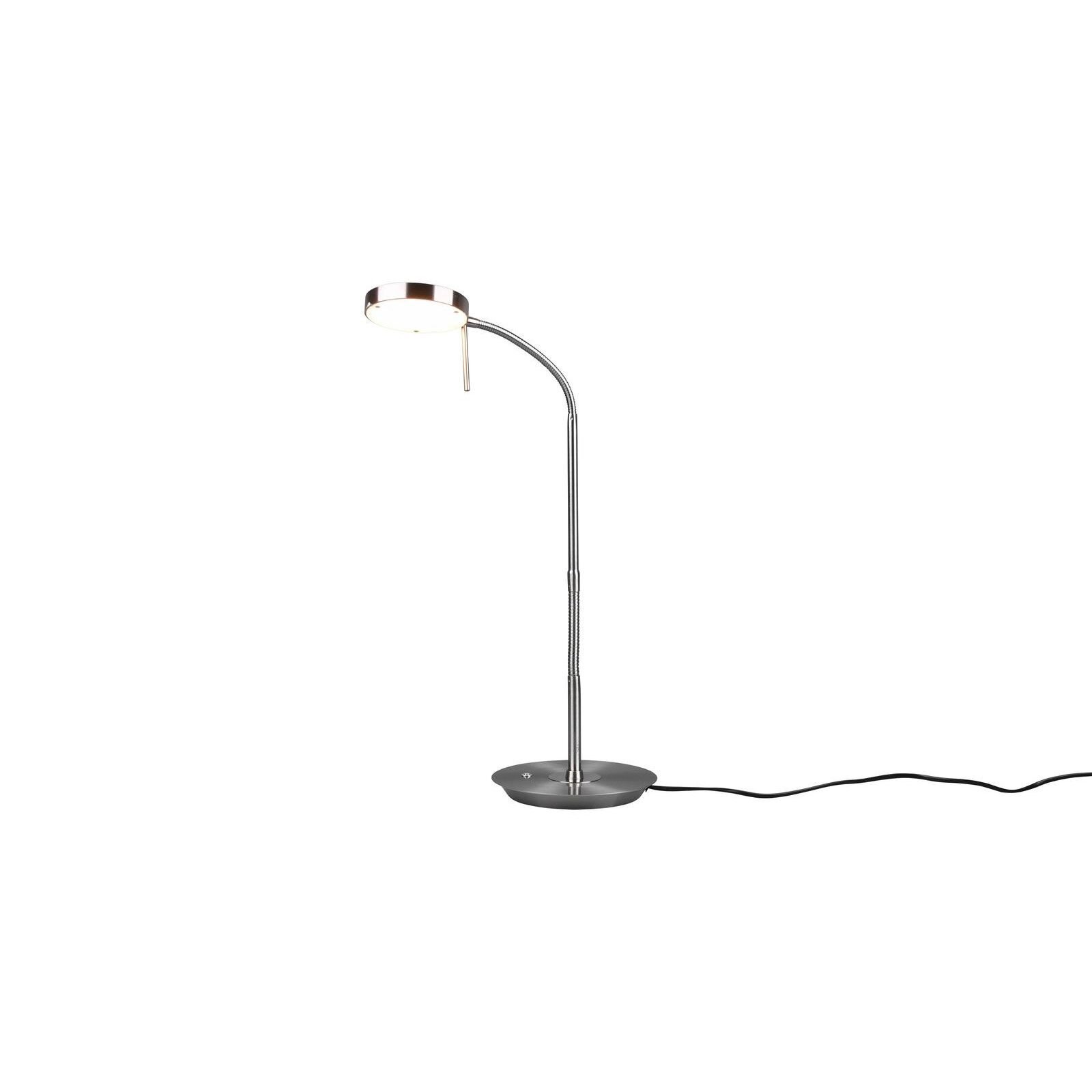 Na obrazie widoczna jest nowoczesna lampa biurkowa LED z metalowym, giętkim ramieniem i okrągłą podstawą. Lampa ma okrągły klosz i jest podłączona do źródła zasilania za pomocą czarnego przewodu.