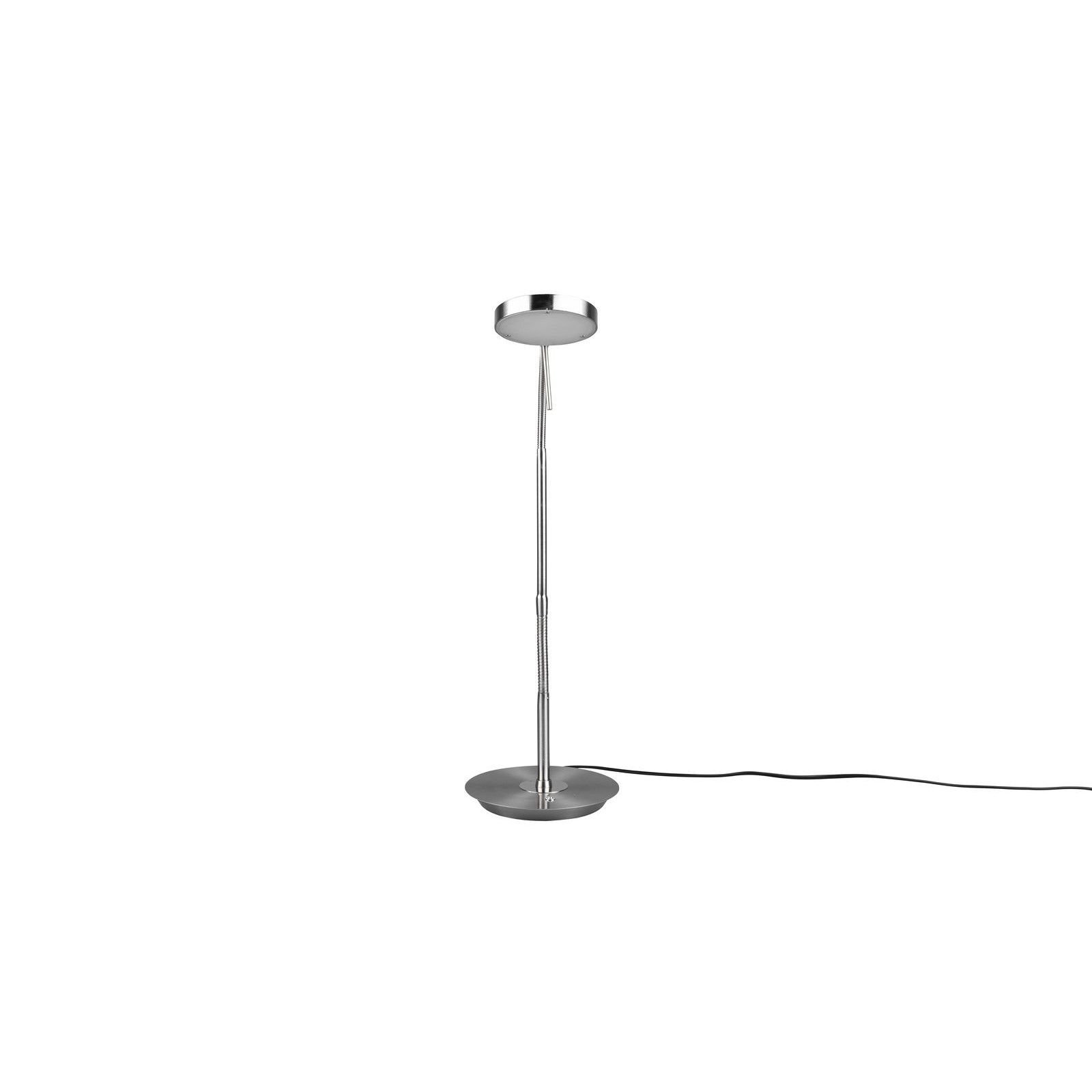 Na obrazie widoczna jest smukła, srebrna lampa biurkowa z okrągłą podstawą i głowicą. Lampa posiada przewód zasilający.