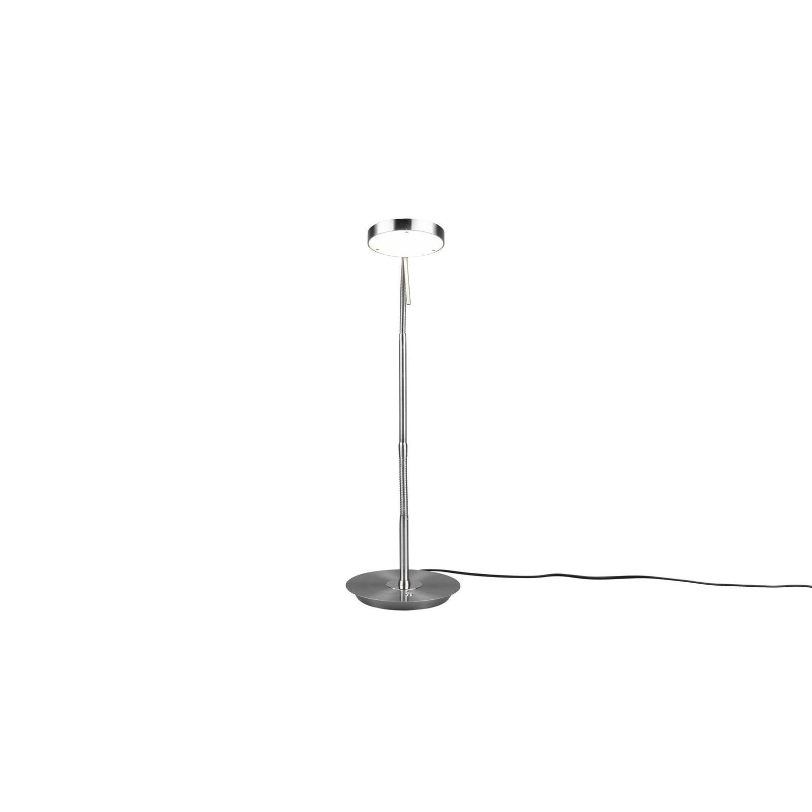 Lampa biurkowa LED Trio NEMIO DL107523310 12W z metalowym wykończeniem i okrągłą podstawą, widoczna na białym tle.