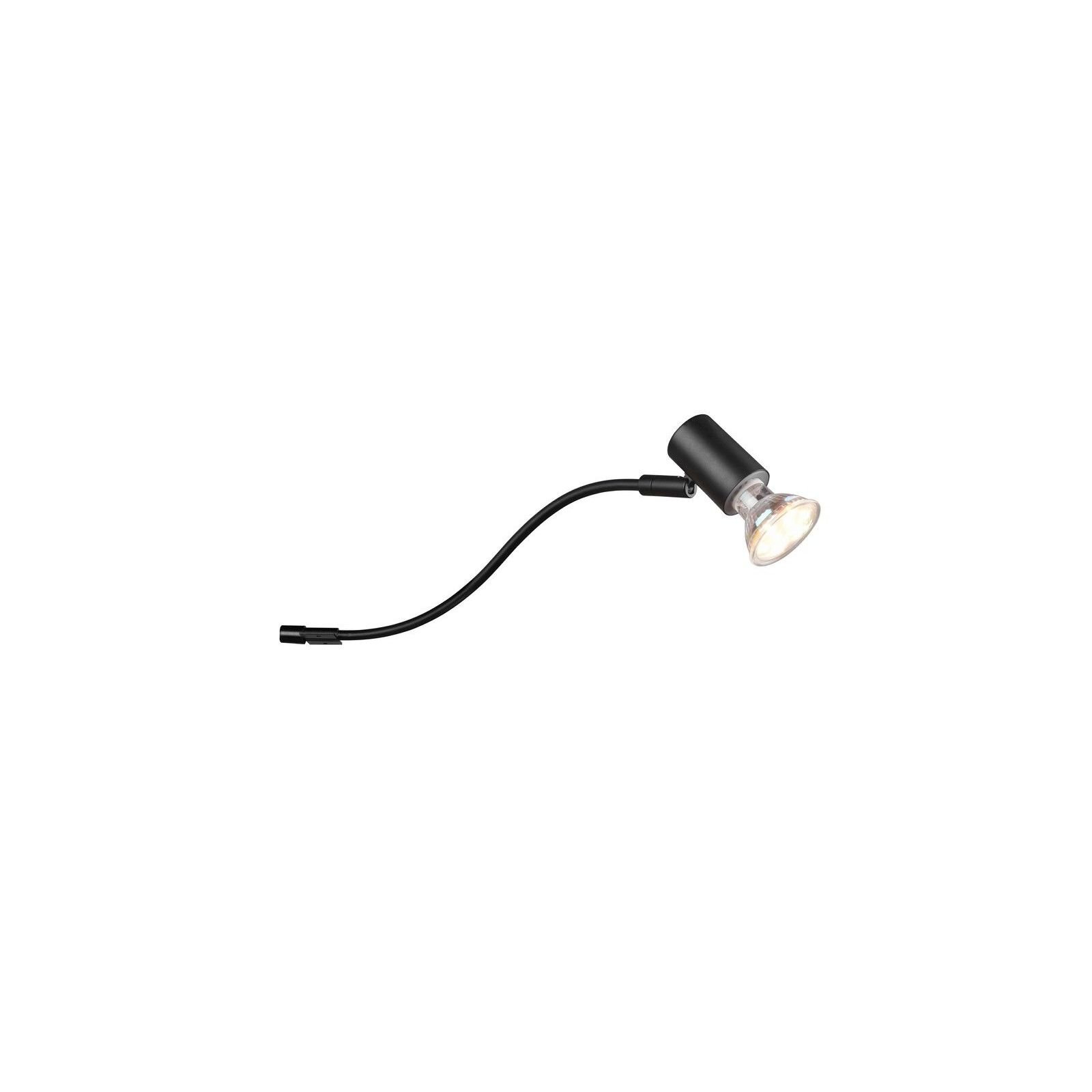 Czarna lampa z elastycznym ramieniem i okrągłym kloszem, emitująca światło. Produkt przeznaczony do montażu nad lustrem w łazience.