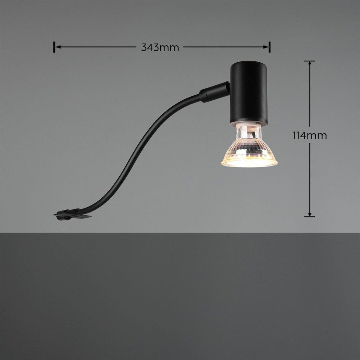 Czarna lampa nad lustro z giętkim ramieniem, z wymiarami 343mm i 114mm, na szarym tle.