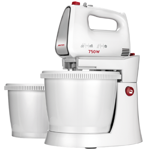 Biały mikser z misą, oznaczony jako 750W, z dodatkową misą w zestawie. Na obudowie widoczne logo MPM oraz symbole funkcji mieszania.