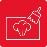 Czerwona ikona przedstawiająca prostokąt z parą i szczotką, symbolizująca funkcję czyszczenia parowego.