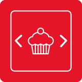 Czerwony kwadratowy przycisk z białą ikoną babeczki pośrodku oraz strzałkami po bokach wskazującymi w lewo i w prawo.