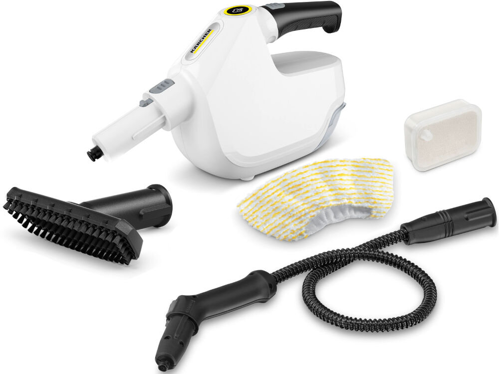Na obrazie znajduje się biały czyścik parowy z czarnym uchwytem oraz różne akcesoria, takie jak szczotka, wąż, nakładka z materiału i pojemnik. Logo \'KARCHER\' widoczne jest na urządzeniu.