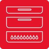 Czerwona ikona przedstawiająca schemat zmywarki z trzema poziomymi liniami i kroplami wody na dole.
