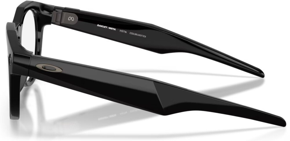 Czarne okulary z grubymi zausznikami, na których widnieje napis \'OAKLEY META HSTN\'. Zauszniki mają błyszczące wykończenie i logo producenta.